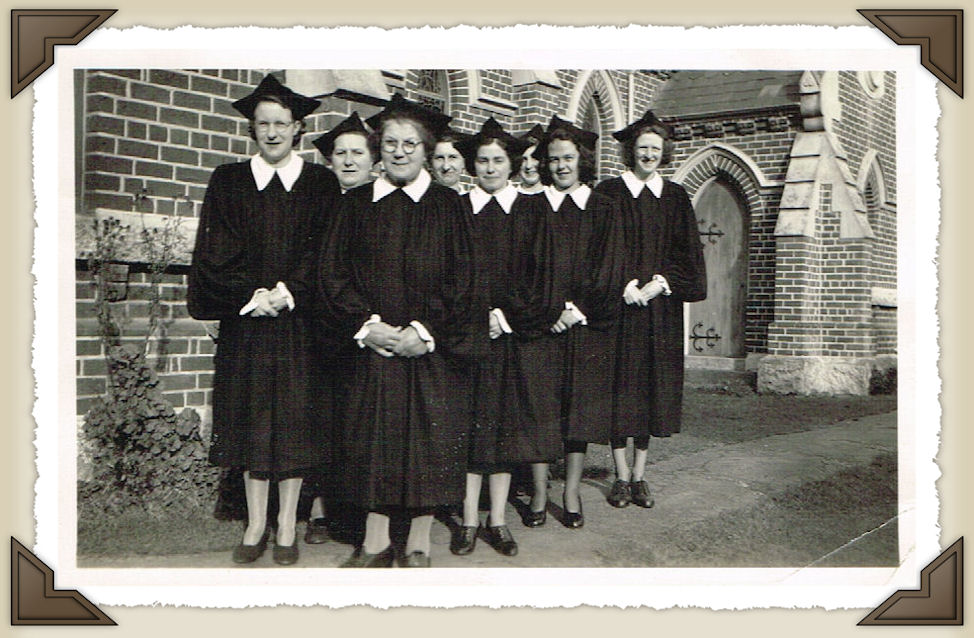 Ladies of the Choir model their new gowns in 1949